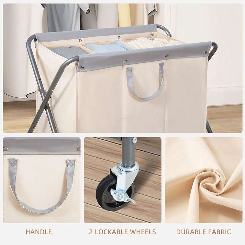 STORAGE MANIAC 160L Collapsible Laundry Hamper with Wheels, Rolling Laundry Basket, Heavy Duty Cloth Sorter with Removable Bag, Folding X Frame Clothes Organizer Cart for Easy to Store, 3 Section - Image 7