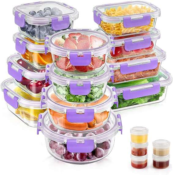 34pcs Glass Food Storage Containers with Lids Set, Airtight Glass Meal Prep Containers (17 Containers & 17 Lids), Leak Proof Lunch Container BPA-Free, Microwave, Oven, Freezer, Dishwasher Safe-Purple - Image 1