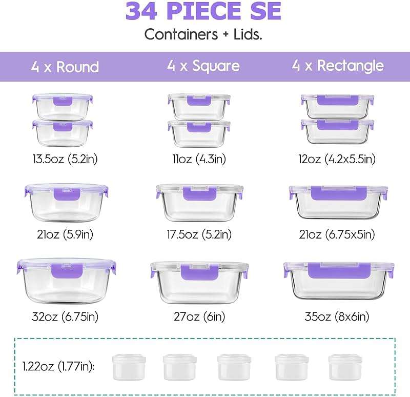 34pcs Glass Food Storage Containers with Lids Set, Airtight Glass Meal Prep Containers (17 Containers & 17 Lids), Leak Proof Lunch Container BPA-Free, Microwave, Oven, Freezer, Dishwasher Safe-Purple - Image 2