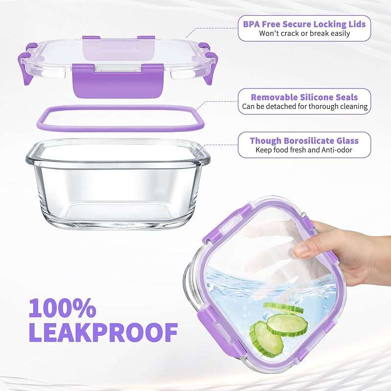 34pcs Glass Food Storage Containers with Lids Set, Airtight Glass Meal Prep Containers (17 Containers & 17 Lids), Leak Proof Lunch Container BPA-Free, Microwave, Oven, Freezer, Dishwasher Safe-Purple - Image 3
