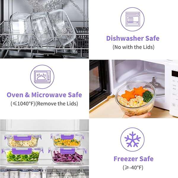 34pcs Glass Food Storage Containers with Lids Set, Airtight Glass Meal Prep Containers (17 Containers & 17 Lids), Leak Proof Lunch Container BPA-Free, Microwave, Oven, Freezer, Dishwasher Safe-Purple - Image 4