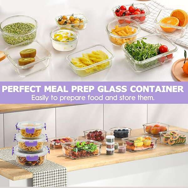 34pcs Glass Food Storage Containers with Lids Set, Airtight Glass Meal Prep Containers (17 Containers & 17 Lids), Leak Proof Lunch Container BPA-Free, Microwave, Oven, Freezer, Dishwasher Safe-Purple - Image 6