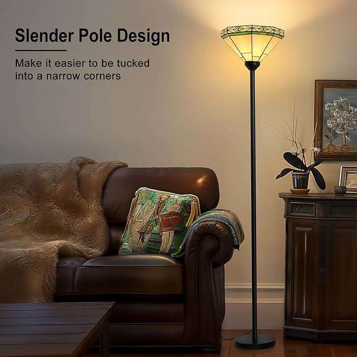 Floor Lamp with Stained Glass Shade, Vintage Style Torchiere Standing Lamp, Tall Pole Lamp with Foot Switch, Mid Century Modern Decorative Corner Light for Living Room Bedroom Home Office(E26 Base) - Image 5