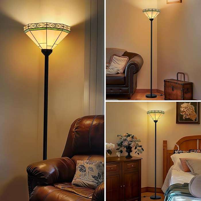 Floor Lamp with Stained Glass Shade, Vintage Style Torchiere Standing Lamp, Tall Pole Lamp with Foot Switch, Mid Century Modern Decorative Corner Light for Living Room Bedroom Home Office(E26 Base) - Image 6