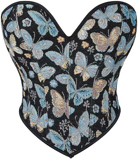 QIAIYALA Blue Butterfly Pattern Corset Top for Women Floral Bustier Lace Up Boned Overbust Lingerie Bodyshaper - Image 1
