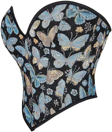 QIAIYALA Blue Butterfly Pattern Corset Top for Women Floral Bustier Lace Up Boned Overbust Lingerie Bodyshaper - Image 2