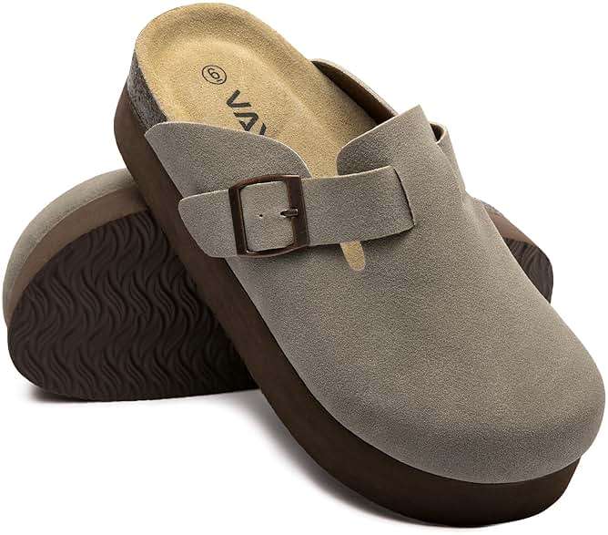 Vayfio Women's Suede Clogs Cork Footbed Sandals Comfort Platform Mules with Arch Support Adjustable Buckle Slip On Slippers - Image 3