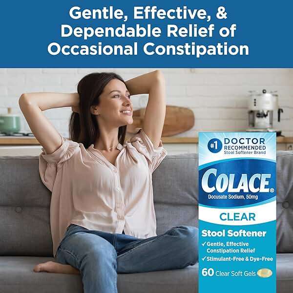 Colace Clear Stool Softener Soft Gel Capsules, 60 Count, Constipation Relief, 50 mg Docusate Sodium, Doctor Recommended - Image 4