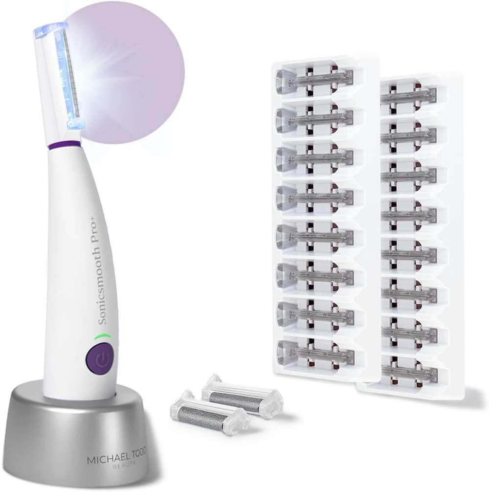 Michael Todd Beauty Sonicsmooth Pro+ Dermaplane Razor for Women Face + Eyebrow Trimmer Dermaplaning System w/LED Light Peach Fuzz Remover -16 Dermaplaning Blades & 2 Microsmooth Exfoliation Tips - Image 1
