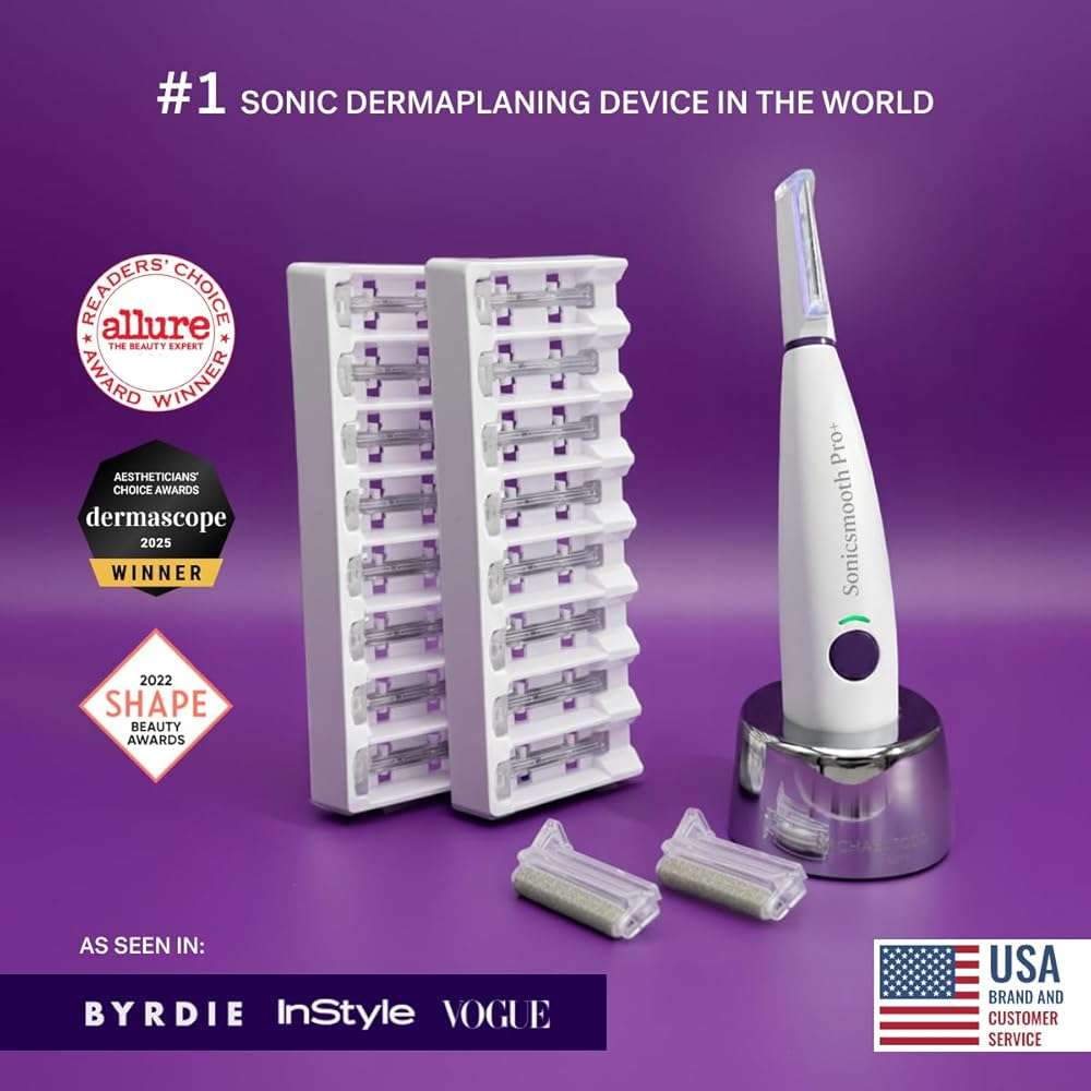 Michael Todd Beauty Sonicsmooth Pro+ Dermaplane Razor for Women Face + Eyebrow Trimmer Dermaplaning System w/LED Light Peach Fuzz Remover -16 Dermaplaning Blades & 2 Microsmooth Exfoliation Tips - Image 3