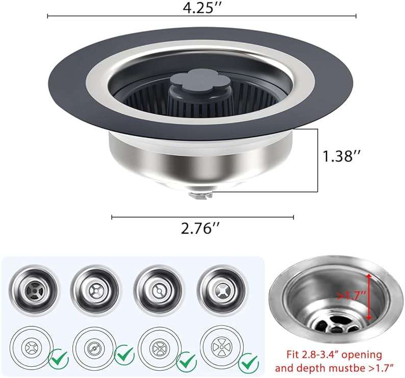 WSYLEN 3 in 1 Kitchen Sink Drain Strainer and Stopper Combo, Stainless Steel Pop Up Kitchen Sink Stopper, Sink Drain Strainer for Standard 3-1/2 Inch Drain - Image 2