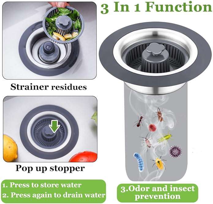 WSYLEN 3 in 1 Kitchen Sink Drain Strainer and Stopper Combo, Stainless Steel Pop Up Kitchen Sink Stopper, Sink Drain Strainer for Standard 3-1/2 Inch Drain - Image 3