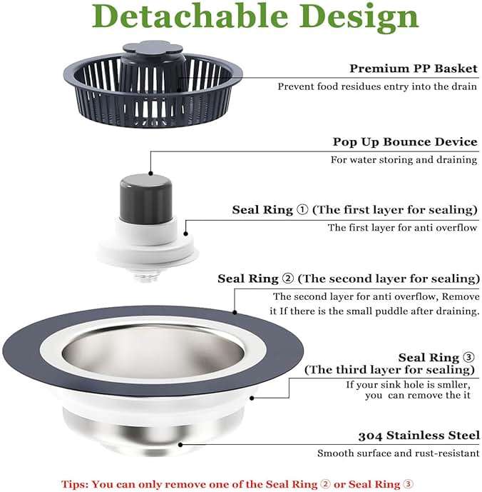 WSYLEN 3 in 1 Kitchen Sink Drain Strainer and Stopper Combo, Stainless Steel Pop Up Kitchen Sink Stopper, Sink Drain Strainer for Standard 3-1/2 Inch Drain - Image 5