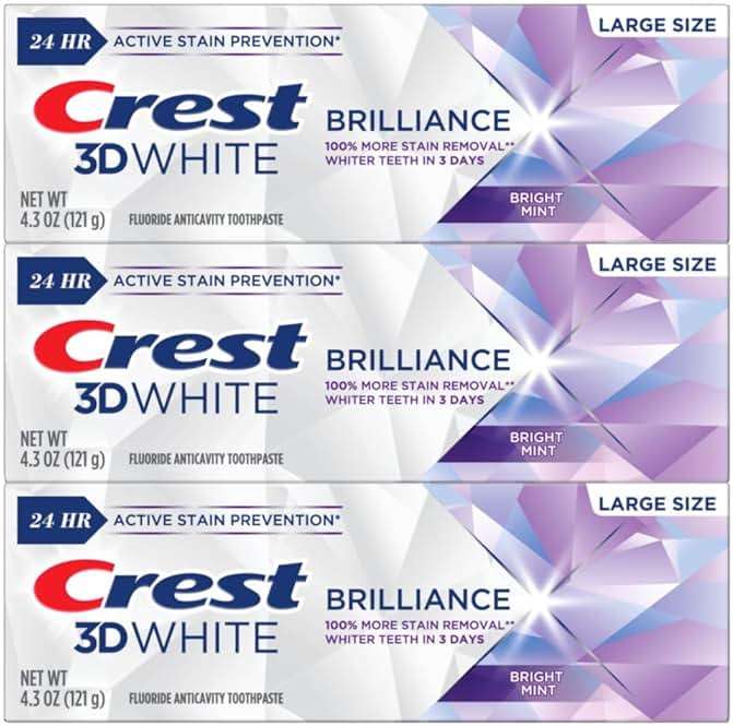 Crest 3D White Brilliance Bright Mint Teeth Whitening Toothpaste, 4.3 oz Pack of 3, 100% More Surface Stain Removal, 24 Hour Active Stain Prevention, Whiter Teeth in 3 Days - Image 7