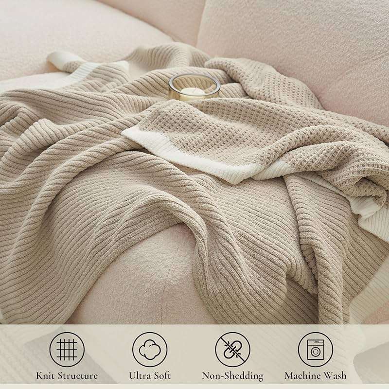 Amélie Home Chenille Throw Blanket, Soft Cozy Waffle Throw for Couch & Sofa, Warm Yet Lightweight, Breathable All-Season Throws for Women Men, Housewarming, Birthdays, 50"x60", Beige - Image 4