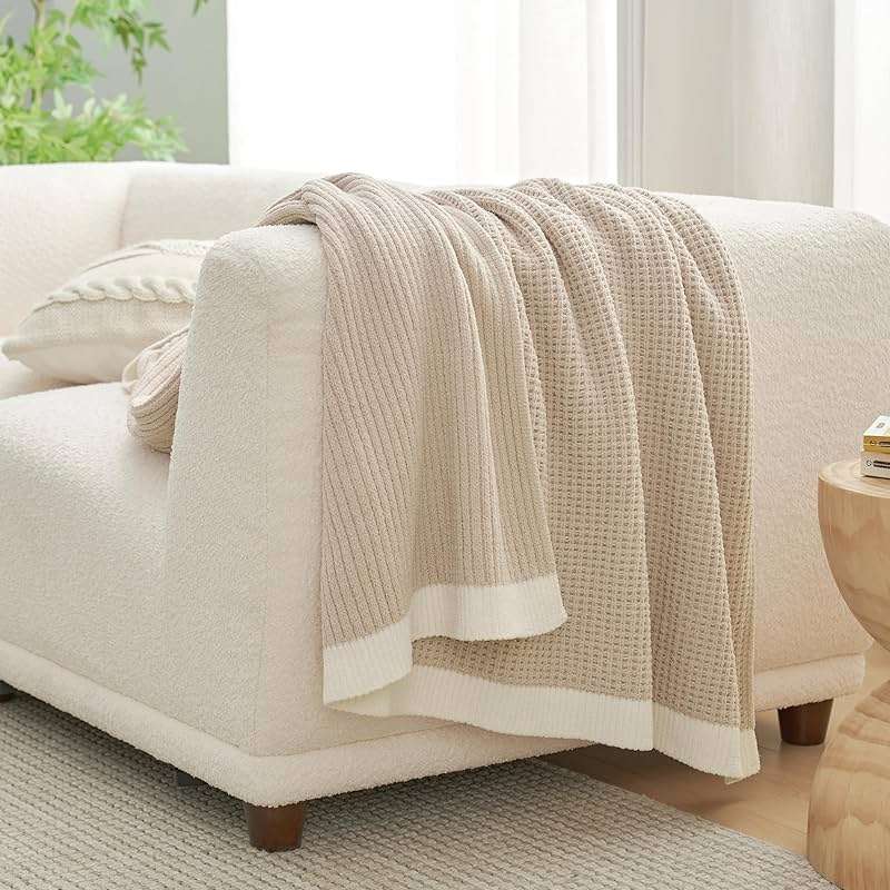 Amélie Home Chenille Throw Blanket, Soft Cozy Waffle Throw for Couch & Sofa, Warm Yet Lightweight, Breathable All-Season Throws for Women Men, Housewarming, Birthdays, 50"x60", Beige - Image 6