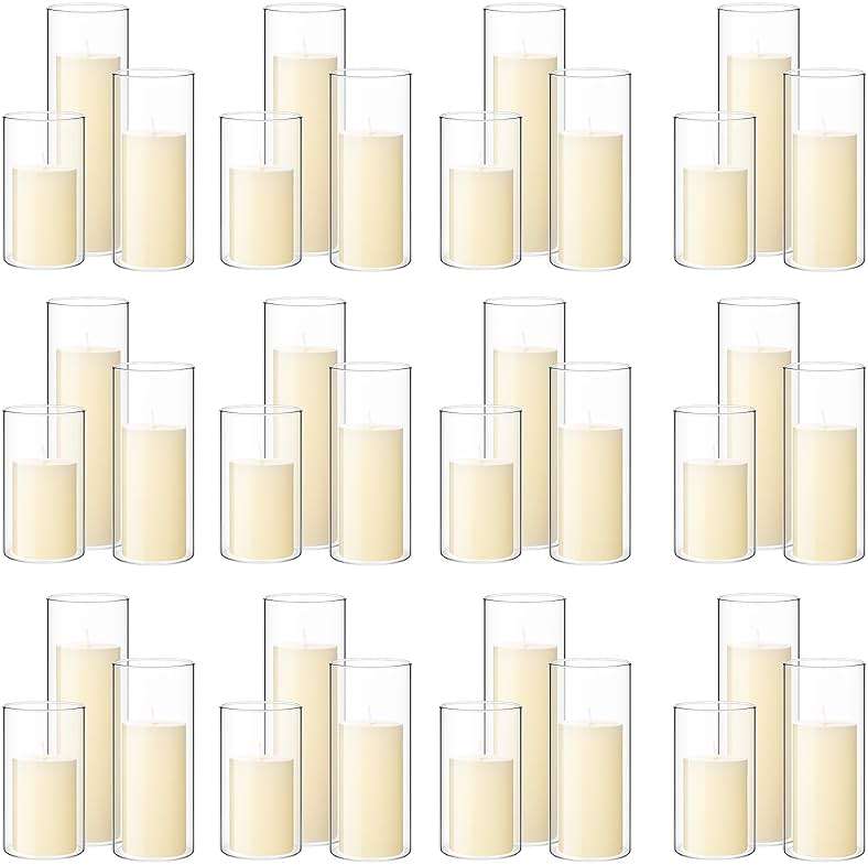 Shihanee Set of 36 Pillar Candles and Glass Cylinder Vases Clear Cylinder Holders for Slim Pillar Candles Wedding Centerpieces(2.6'' X 4.7'', 5.9'', 7.9'',Ivory White) - Image 1