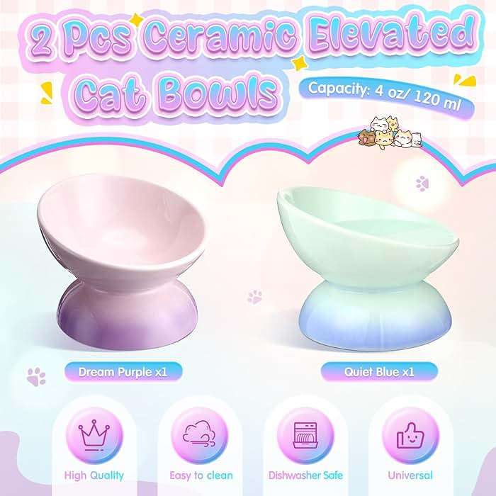 Hushee 2 Pcs Elevated Cat Food Bowl Ceramic 15 Degree Raised Cat Water Bowl 4 oz Slanted Tilted Anti Vomiting for Kitten Small Dogs Pet, Dishwasher Microwave Safe - Image 4