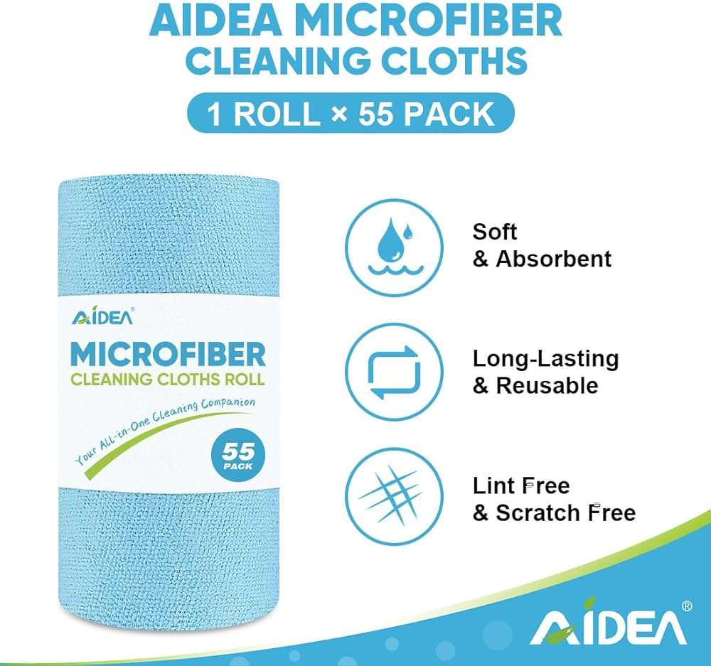 AIDEA Microfiber Cleaning Cloth Roll, Blue Shop Towels 55 Sheets Washable, Microfiber Towels for Cars, Blue Rags Reusable Paper Towel for Automotive, Workshop, House, Kitchen, Cleaning Supplies11×9" - Image 3