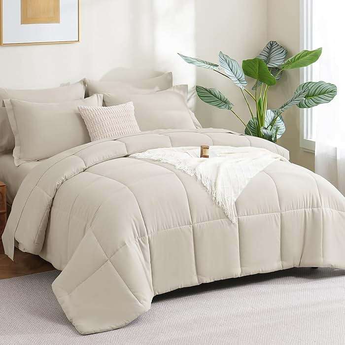 CozyLux Queen Comforter Set Beige - 7 Pieces Bed in a Bag Queen, Oeko-Tex Certified Bedding Set, All Season Soft Bed Set with Down Alternative Comforter, Sheets, Pillowcases & Shams - Image 6