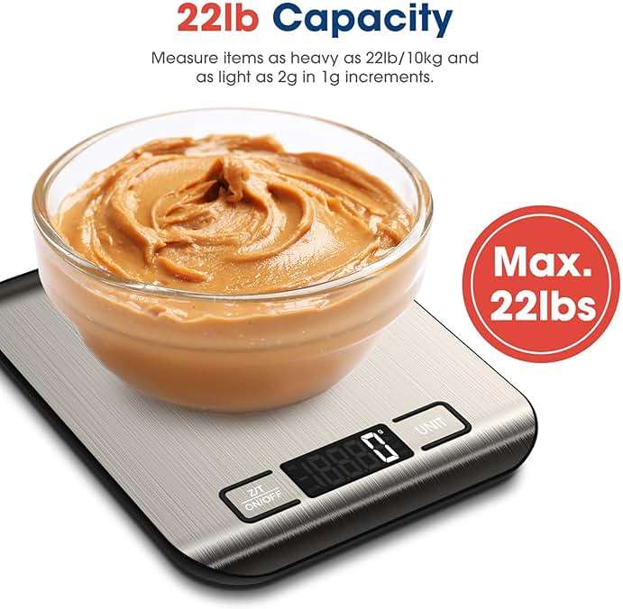 Mik-Nana Food Scale, 22lb Digital Kitchen Scale Weight Grams and Ounces for Baking Cooking Coffee Package Postage, 6 Units with Tare Function, LCD Display, Easy Clean Stainless Steel - Image 3