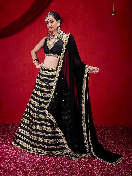 TRENDMALLS Silk Embroidery Lehenga Choli with Dupatta For Women (L251-Black-SemiStitch-FreeSize) - Image 4
