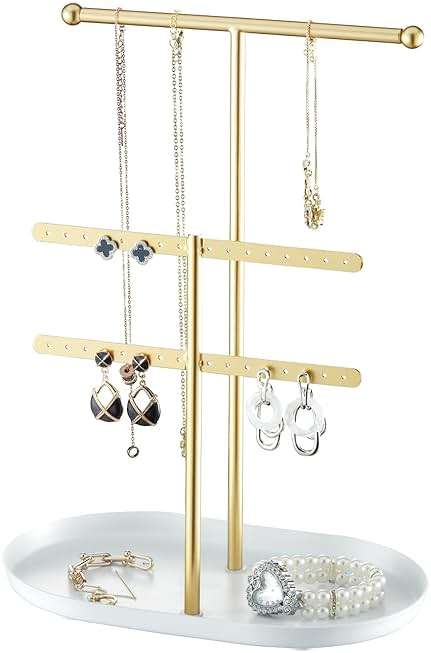 Saydear Elegant Jewelry holder Organizer 2-Tier Display Storage Stand for Earrings Necklaces with Ring Tray Spacious and Durable, Easy to Assemble White & Gold - Image 1