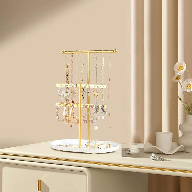 Saydear Elegant Jewelry holder Organizer 2-Tier Display Storage Stand for Earrings Necklaces with Ring Tray Spacious and Durable, Easy to Assemble White & Gold - Image 2