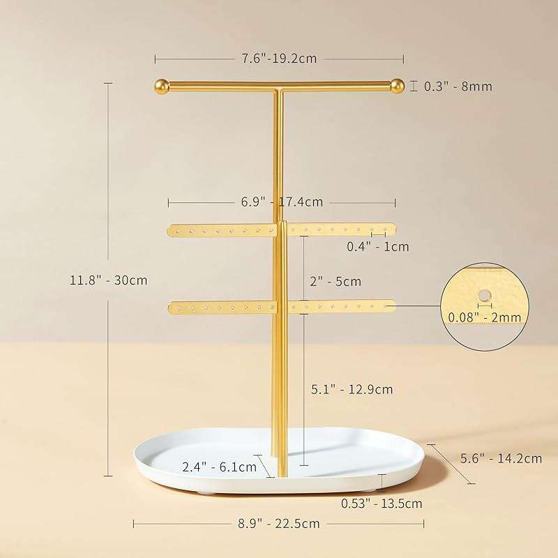 Saydear Elegant Jewelry holder Organizer 2-Tier Display Storage Stand for Earrings Necklaces with Ring Tray Spacious and Durable, Easy to Assemble White & Gold - Image 3
