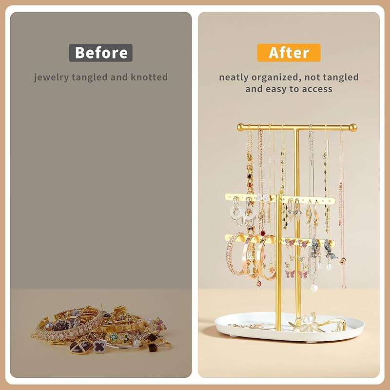 Saydear Elegant Jewelry holder Organizer 2-Tier Display Storage Stand for Earrings Necklaces with Ring Tray Spacious and Durable, Easy to Assemble White & Gold - Image 4