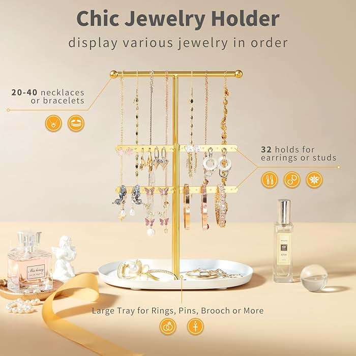 Saydear Elegant Jewelry holder Organizer 2-Tier Display Storage Stand for Earrings Necklaces with Ring Tray Spacious and Durable, Easy to Assemble White & Gold - Image 5