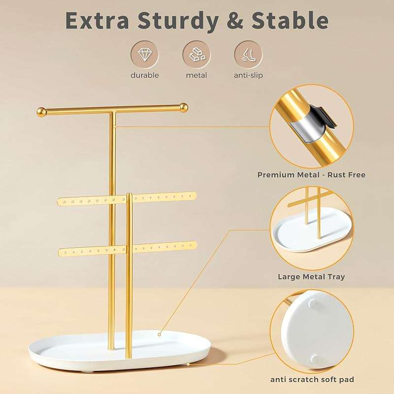 Saydear Elegant Jewelry holder Organizer 2-Tier Display Storage Stand for Earrings Necklaces with Ring Tray Spacious and Durable, Easy to Assemble White & Gold - Image 6