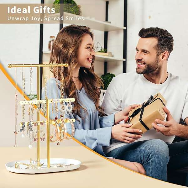 Saydear Elegant Jewelry holder Organizer 2-Tier Display Storage Stand for Earrings Necklaces with Ring Tray Spacious and Durable, Easy to Assemble White & Gold - Image 7