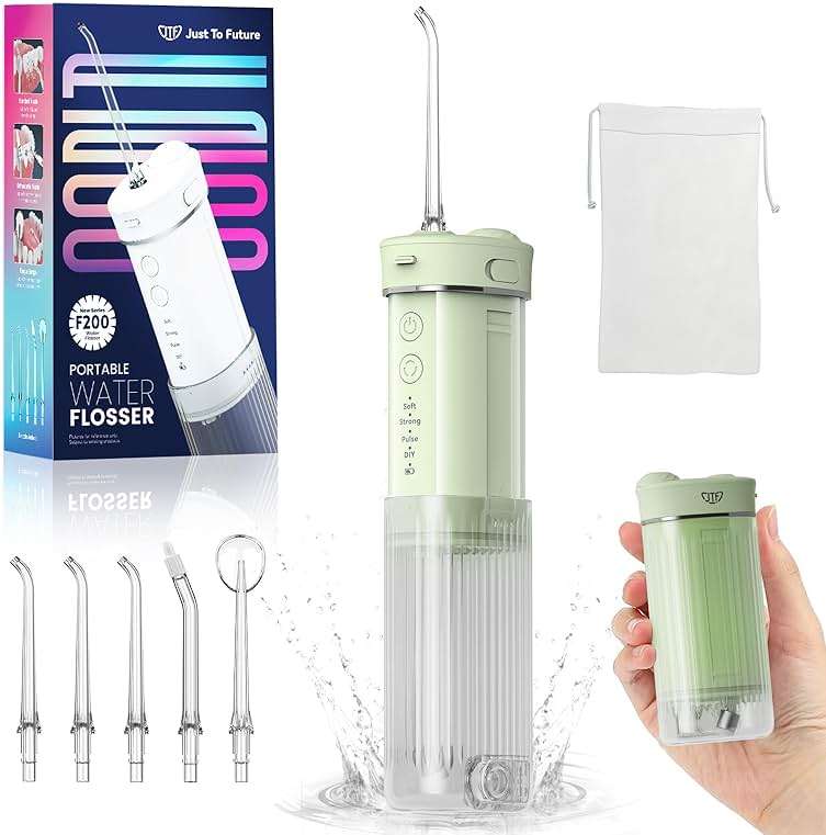 JTF Portable Water Flosser for Travel: Compact Mini Design, 3 Modes & 8 DIY Pressure Levels for Sensitive Teeth & Braces - with 5 Nozzles & Removable 230ml Tank, Cordless Oral Irrigator for On-The-Go - Image 1