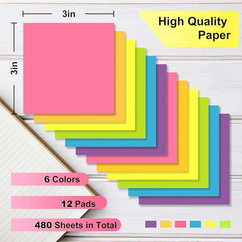 OHOME Sticky Notes - 12 Pads, 3”x3” - Colorful Self-Stick Post Notes Bulk - Office Desk Accessories | Teacher Classroom Must Haves,Aesthetic School Supplies for Home,Back to School Essential - Image 2