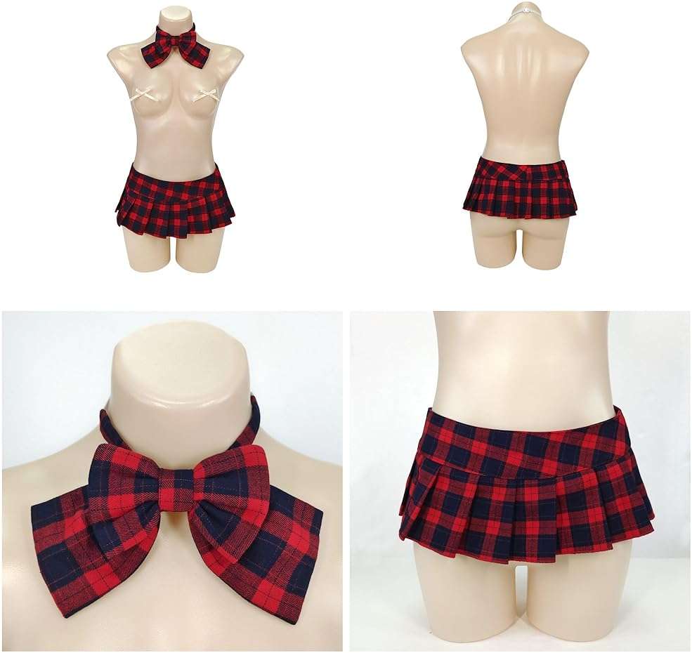 Jilneed Women Pleated Plaid Micro Mini Skirt Schoolgirl Cosplay Lingerie Skirts Sexy Role Playing Costume Outfit with Bow Tie - Image 5