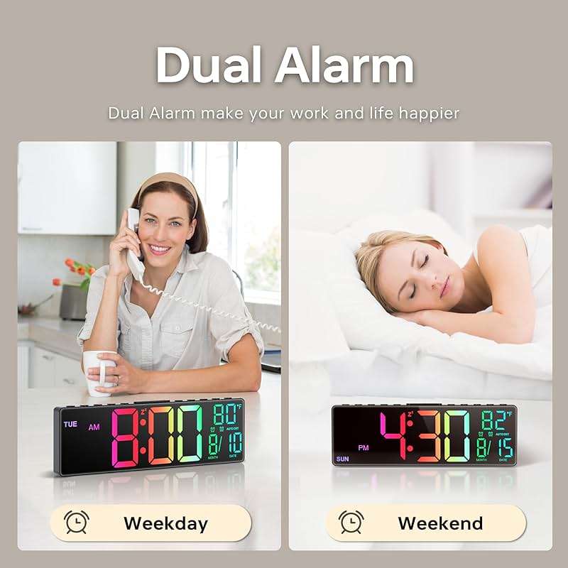 JALL 10.5'' Large Digital Alarm Clock with 8 RGB Colors, Date, Month, Temperature LED, Auto DST, Digital Clock Large Display for Classroom, Office, Bedroom, Back-to-School Gift for Students, Teachers - Image 6