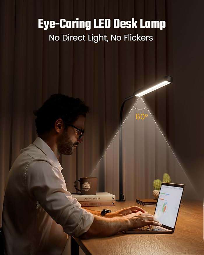 SUPERDANNY Eye-Caring LED Desk Lamp 360° Flexible Gooseneck Work Lamp with Desk Side Clamp Touch Control 3 Light Colors Smooth Dimming Task Lighting Reading Light for Home Office College Dorm, Black - Image 2