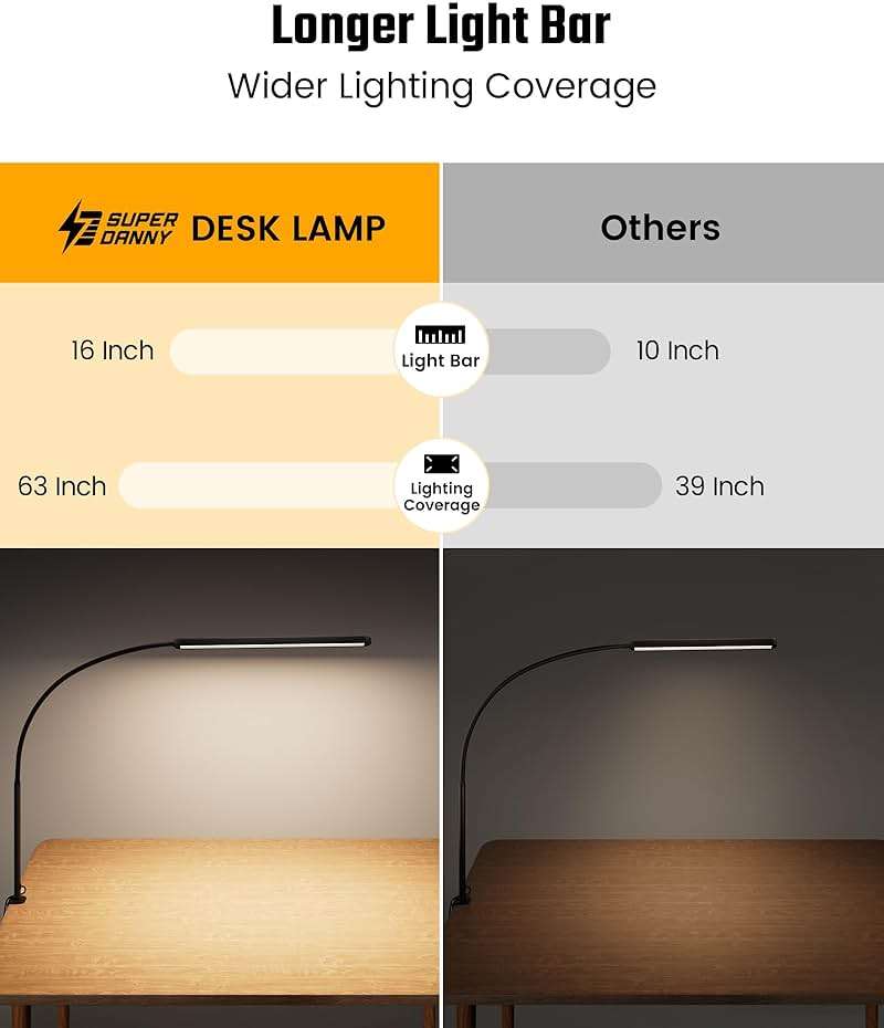 SUPERDANNY Eye-Caring LED Desk Lamp 360° Flexible Gooseneck Work Lamp with Desk Side Clamp Touch Control 3 Light Colors Smooth Dimming Task Lighting Reading Light for Home Office College Dorm, Black - Image 3