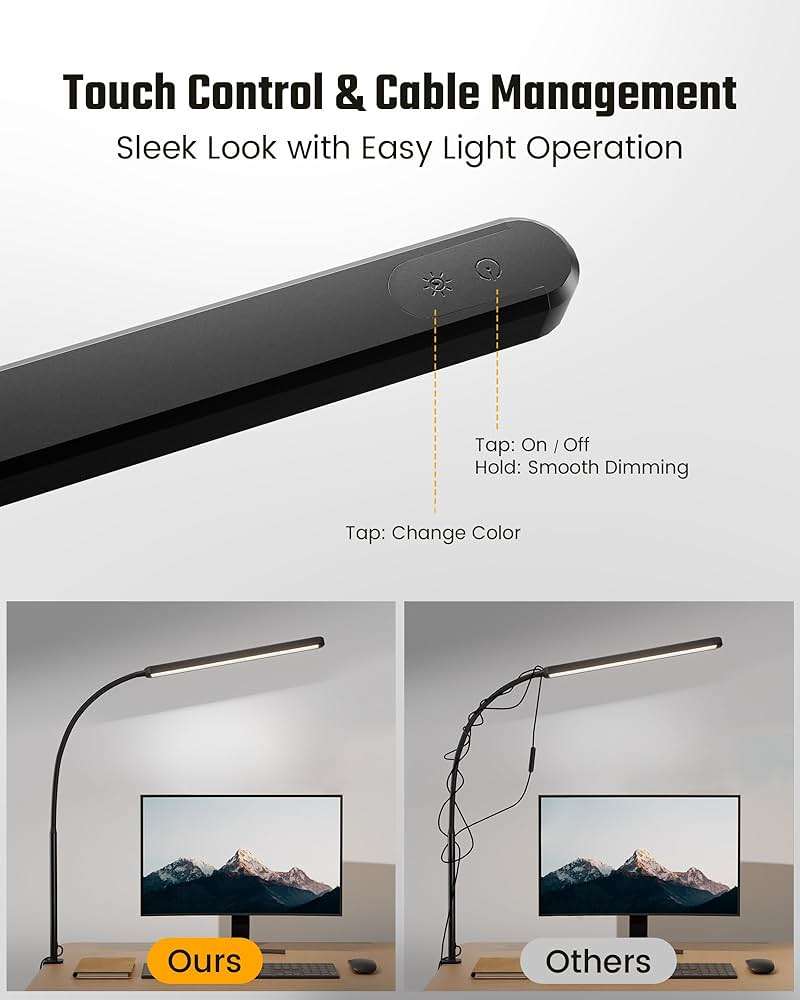 SUPERDANNY Eye-Caring LED Desk Lamp 360° Flexible Gooseneck Work Lamp with Desk Side Clamp Touch Control 3 Light Colors Smooth Dimming Task Lighting Reading Light for Home Office College Dorm, Black - Image 4