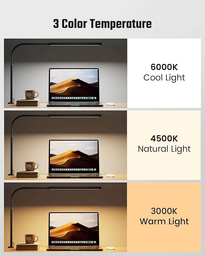 SUPERDANNY Eye-Caring LED Desk Lamp 360° Flexible Gooseneck Work Lamp with Desk Side Clamp Touch Control 3 Light Colors Smooth Dimming Task Lighting Reading Light for Home Office College Dorm, Black - Image 5