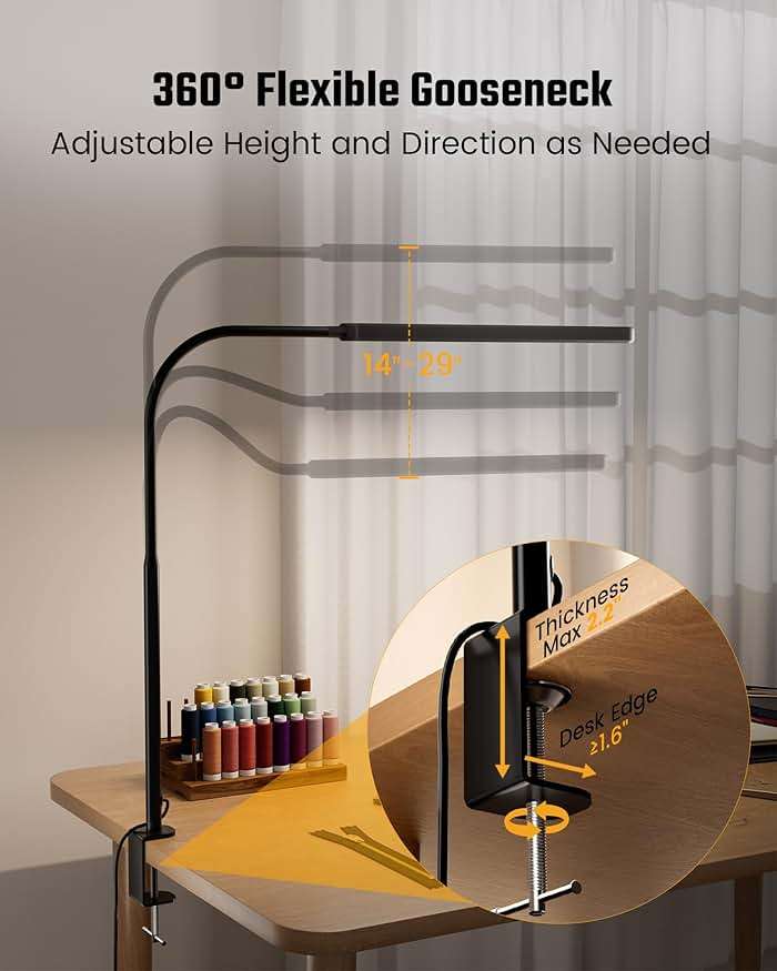 SUPERDANNY Eye-Caring LED Desk Lamp 360° Flexible Gooseneck Work Lamp with Desk Side Clamp Touch Control 3 Light Colors Smooth Dimming Task Lighting Reading Light for Home Office College Dorm, Black - Image 7