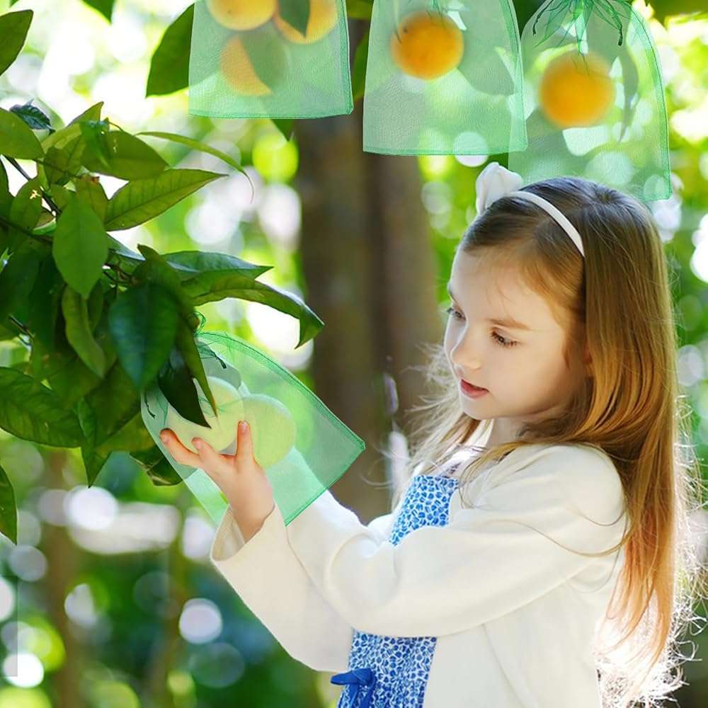 Jollidecor 120 PCS Fruit Protection Bags, 8"x12" Fruit Netting Cover Mesh Bags with Drawstring Green Netting Barrier Bags for Protecting Plant Grape Tomato Fruit Flower Vegetables - Image 2
