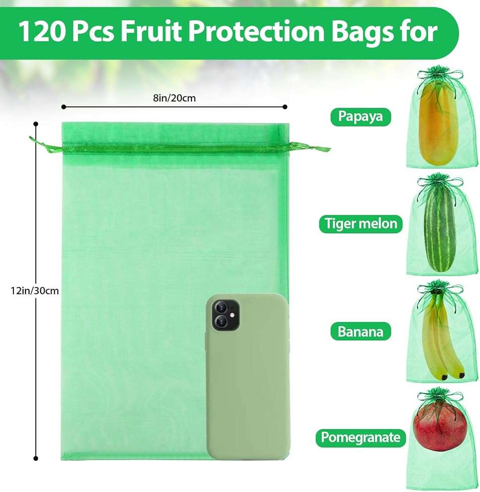 Jollidecor 120 PCS Fruit Protection Bags, 8"x12" Fruit Netting Cover Mesh Bags with Drawstring Green Netting Barrier Bags for Protecting Plant Grape Tomato Fruit Flower Vegetables - Image 3