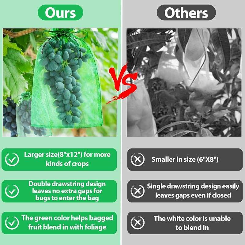 Jollidecor 120 PCS Fruit Protection Bags, 8"x12" Fruit Netting Cover Mesh Bags with Drawstring Green Netting Barrier Bags for Protecting Plant Grape Tomato Fruit Flower Vegetables - Image 4
