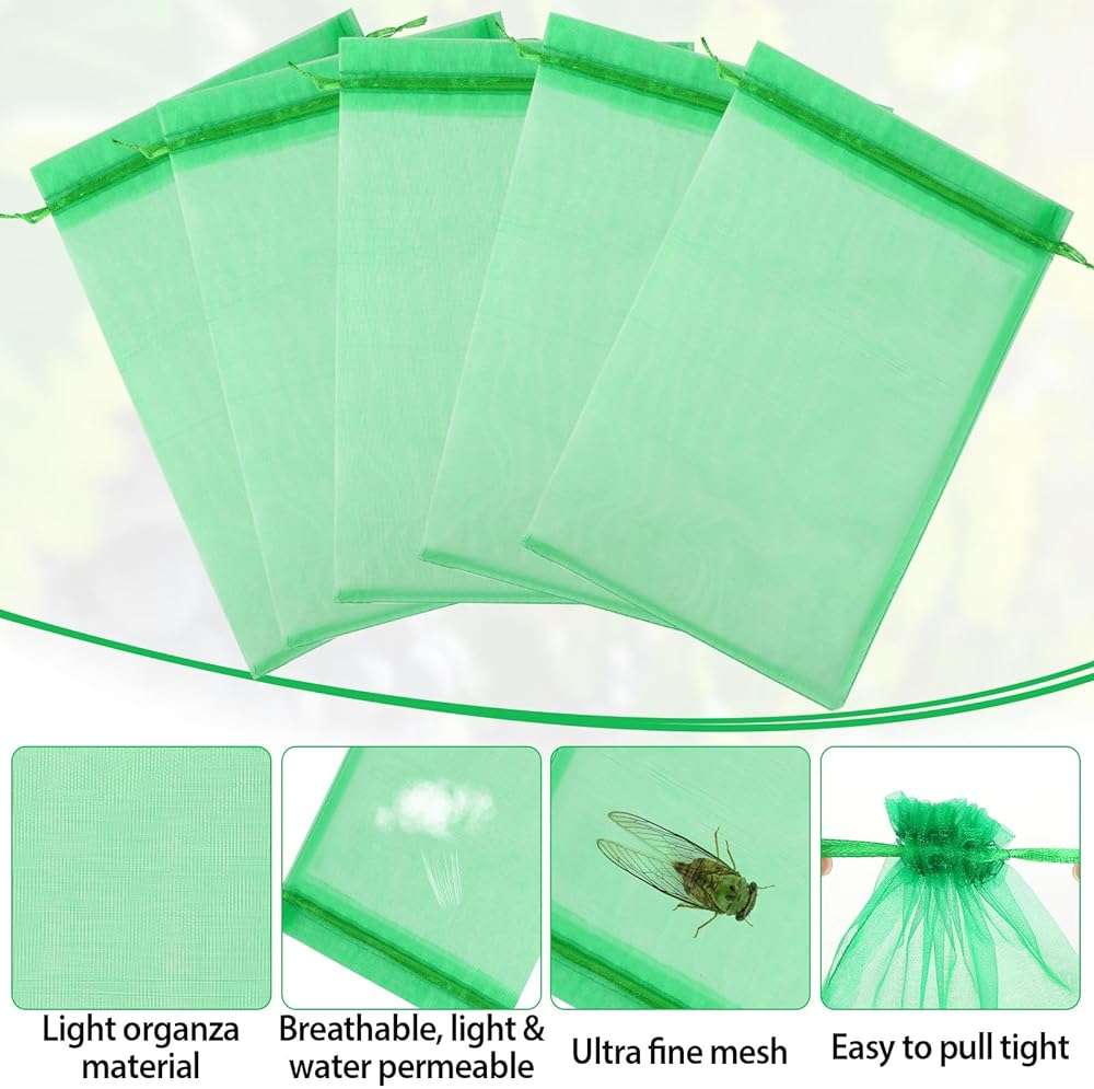 Jollidecor 120 PCS Fruit Protection Bags, 8"x12" Fruit Netting Cover Mesh Bags with Drawstring Green Netting Barrier Bags for Protecting Plant Grape Tomato Fruit Flower Vegetables - Image 5