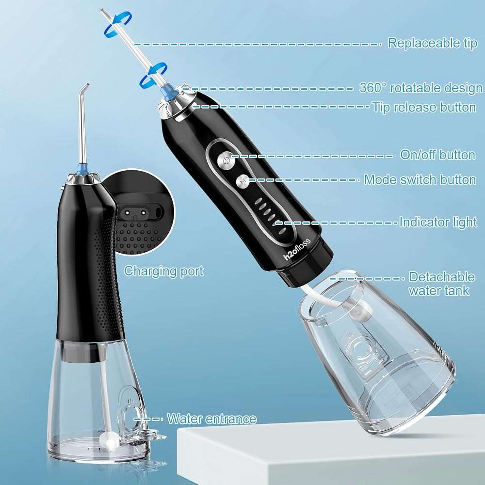 H2ofloss Water Dental Flosser Teeth Pick -Portable Oral Irrigator with 5 Modes, Rechargeable IPX7 Waterproof Orthodontic Teeth Cleaner Pick Cordless for Home Travel-300ml Water Tank - Image 7