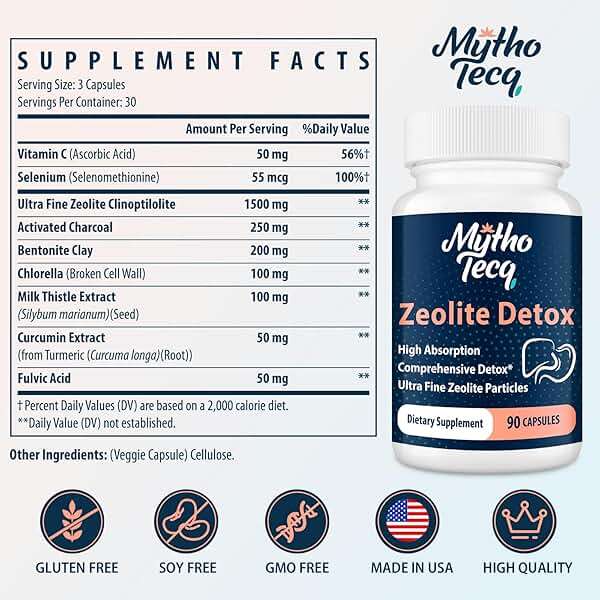 MythoTecq 2300 MG Zeolite Detox Capsules - Activated Charcoal & Bentonite Clay, Highly Absorbable Full Body, Liver & Gut Cleanse, Zeolite Clinoptilolite（90 Capsules） - Image 2