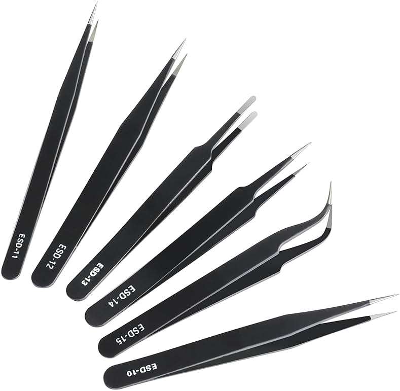 CHERALKEST 6 Pcs Precision Tweezers Set, Premium Anti-Static Stainless Steel Tweezer, ESD Curved of Tweezers for Electronics, Craft, Laboratory Work, Jewelry-Making, etc - Image 1