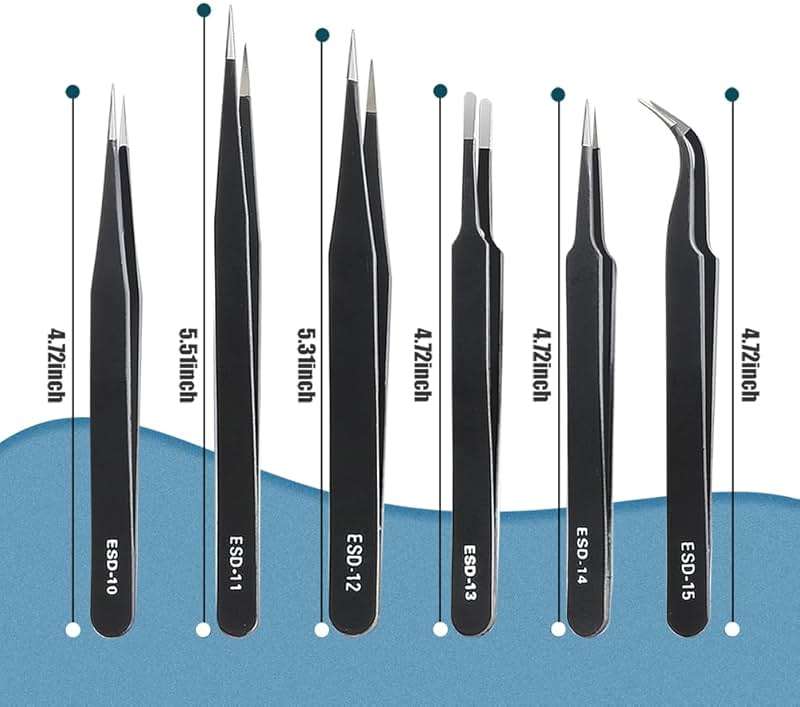 CHERALKEST 6 Pcs Precision Tweezers Set, Premium Anti-Static Stainless Steel Tweezer, ESD Curved of Tweezers for Electronics, Craft, Laboratory Work, Jewelry-Making, etc - Image 2